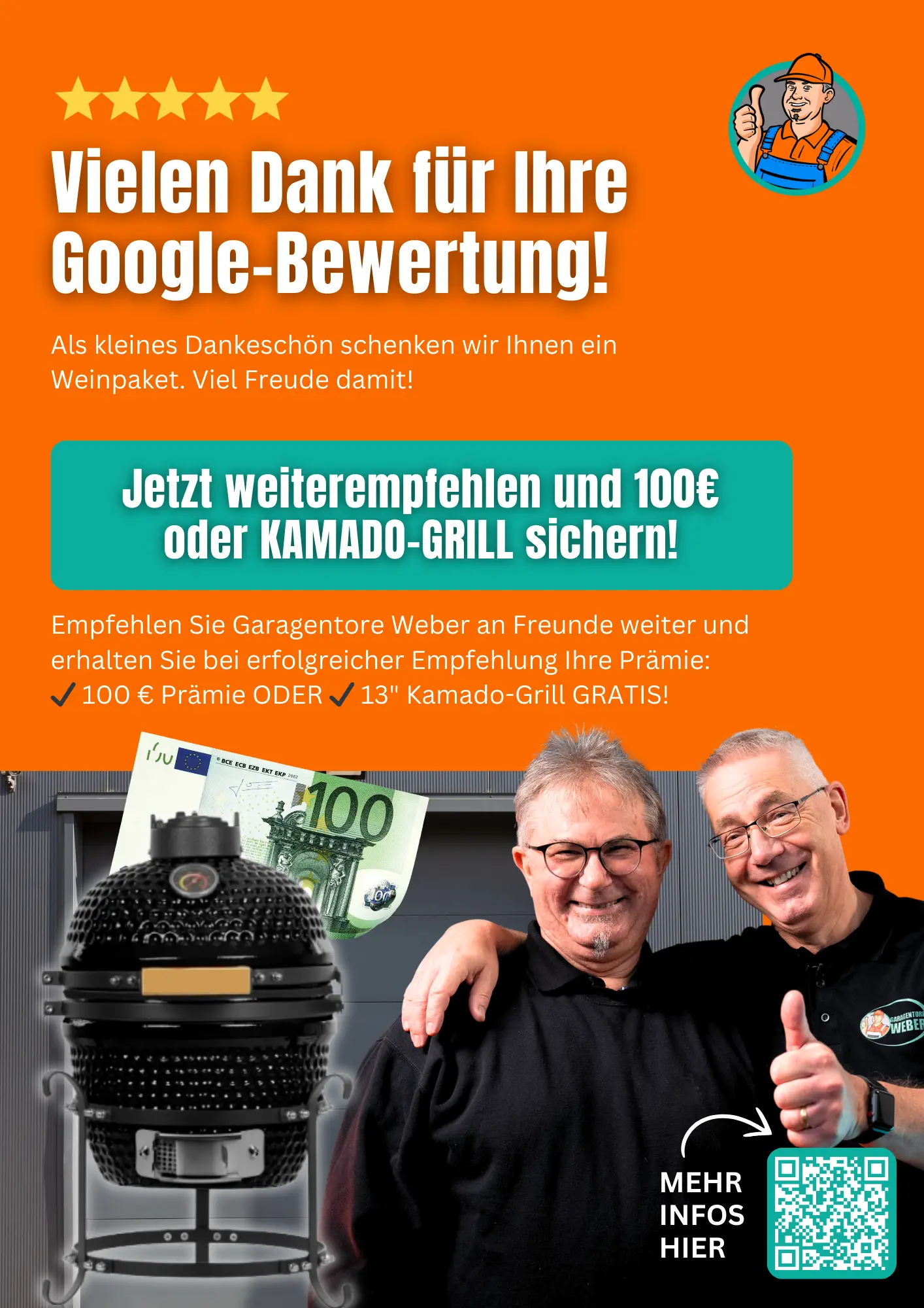 Werbeflyer für ein Google-Bewertungsangebot mit zwei lächelnden Personen und einem Kamado-Grill-Bild.
