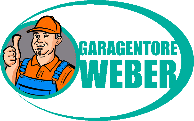 Ein Cartoon-Mann mit einer orangefarbenen Kappe zeigt einen Daumen nach oben, neben ihm der Text „Garagentore Weber“ in Blaugrün und Grau, der die Qualität ihres Garagen-Sektionaltors zeigt.