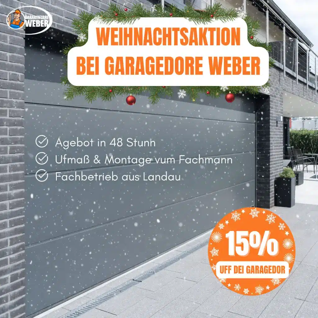 Großes graues Garagentor mit Weihnachtsdekoration, Schnee und deutschem Weihnachtsverkaufstext für Garagedore Weber.