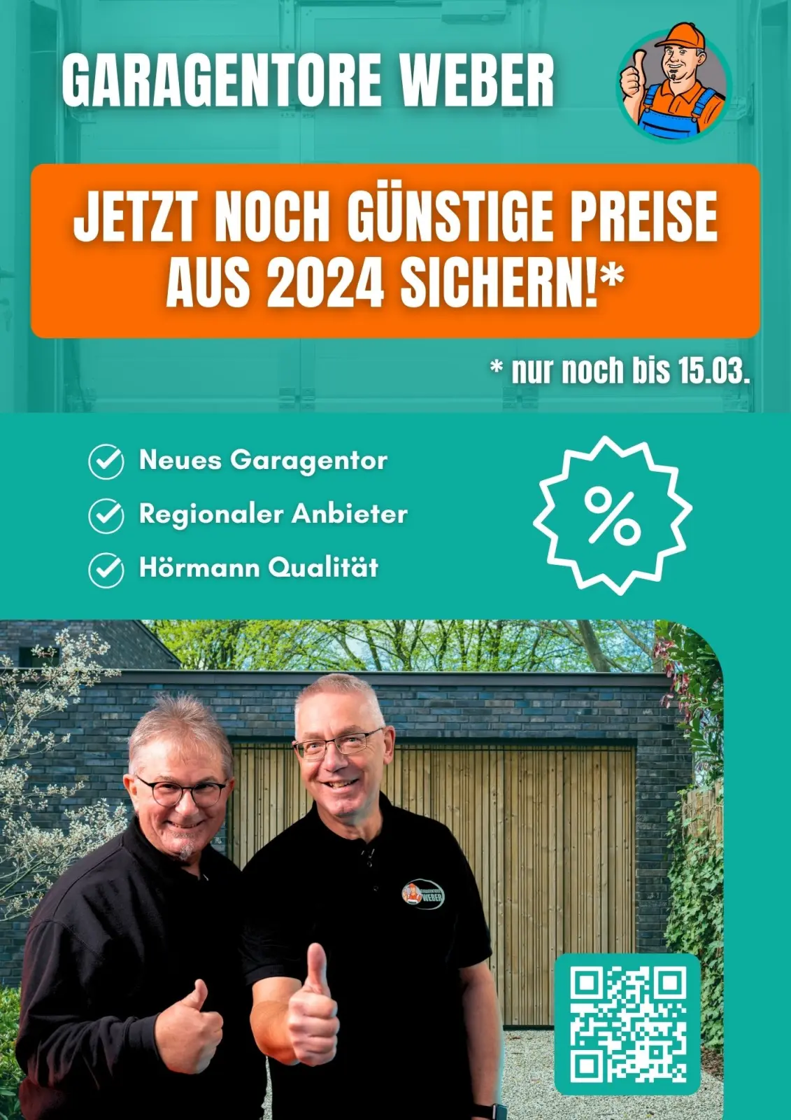 Zwei Männer strecken vor einer Garage den Daumen hoch, darüber ein Werbetext zum Thema Garagentore.