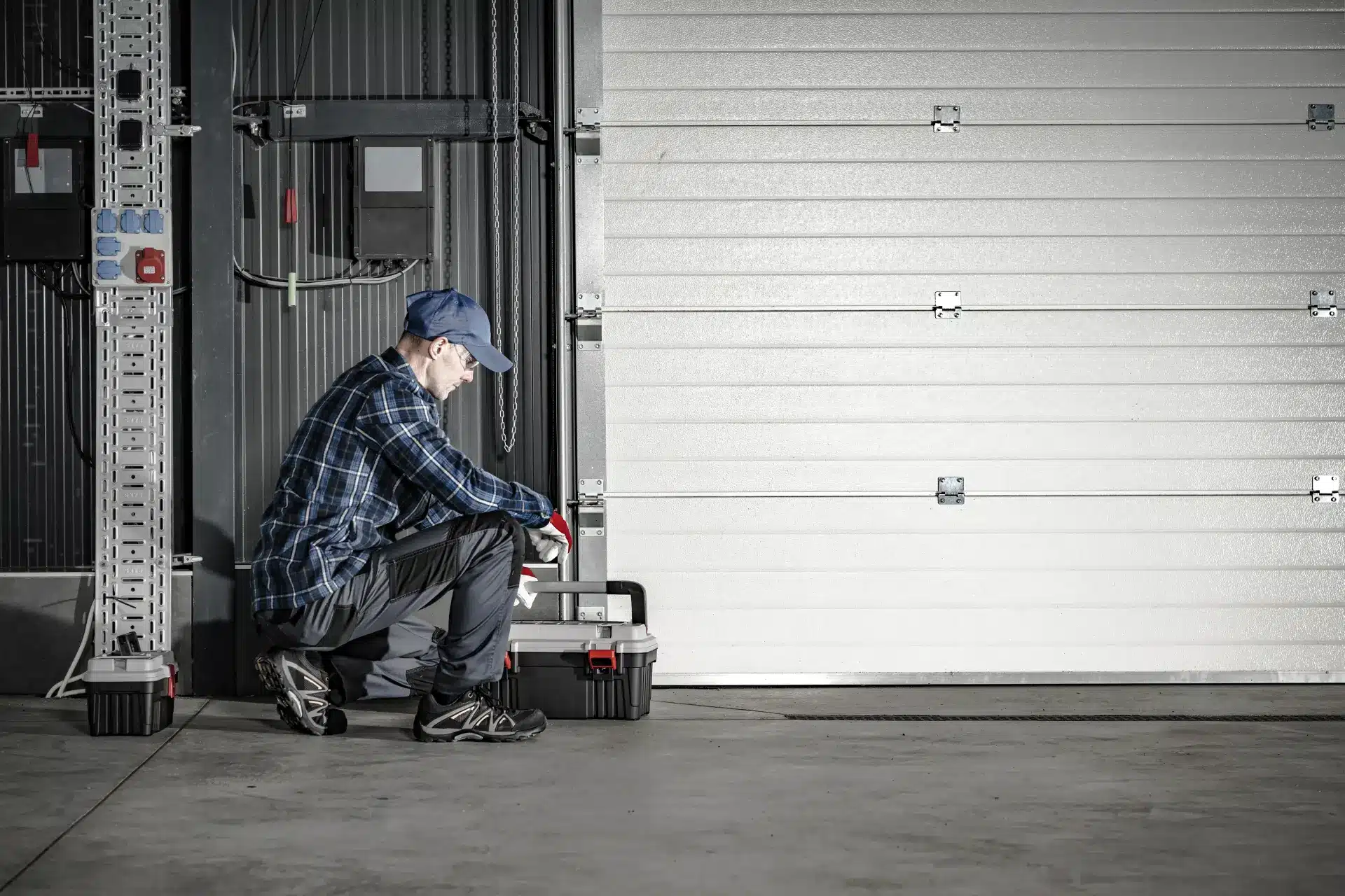 Eine Person mit blauer Mütze und kariertem Hemd kniet neben einem Werkzeugkasten in der Nähe eines geschlossenen Garagentors in einer Industrieanlage.