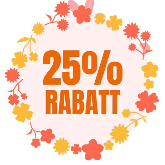 Ein Kreis aus orangefarbenen und gelben Blumen mit dem Text „25 % RABATT“ in der Mitte.