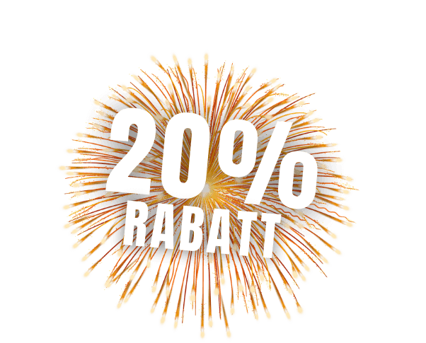 Der Text "20% Rabatt" über einer orangefarbenen Explosionsform suggeriert einen Rabatt von 20% oder ein Sonderangebot.