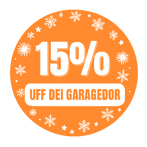 Orangefarbener Kreis mit der Aufschrift "15% OFF DEI GARAGEDOR" in weißer Schrift, umgeben von Schneeflocken und Sternen.