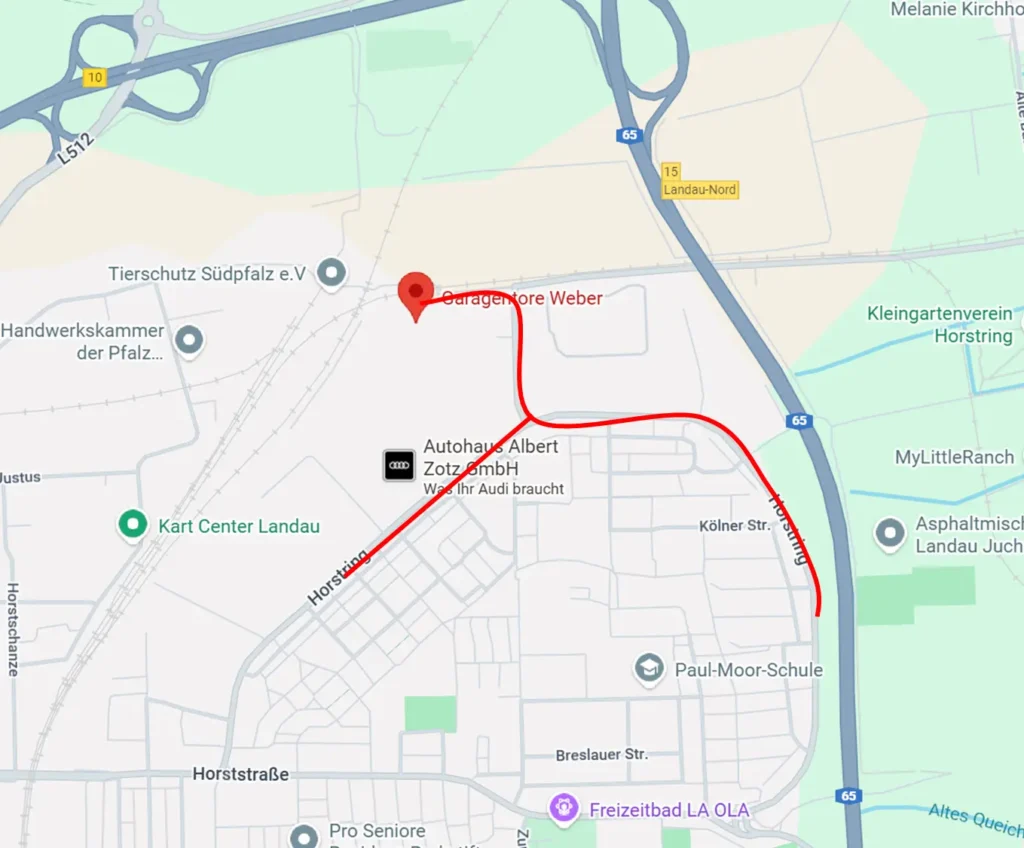 Eine Karte mit einer roten Route von der Horstringstraße zur Edgard-Gorre-Weber-Straße in Landau, Deutschland.