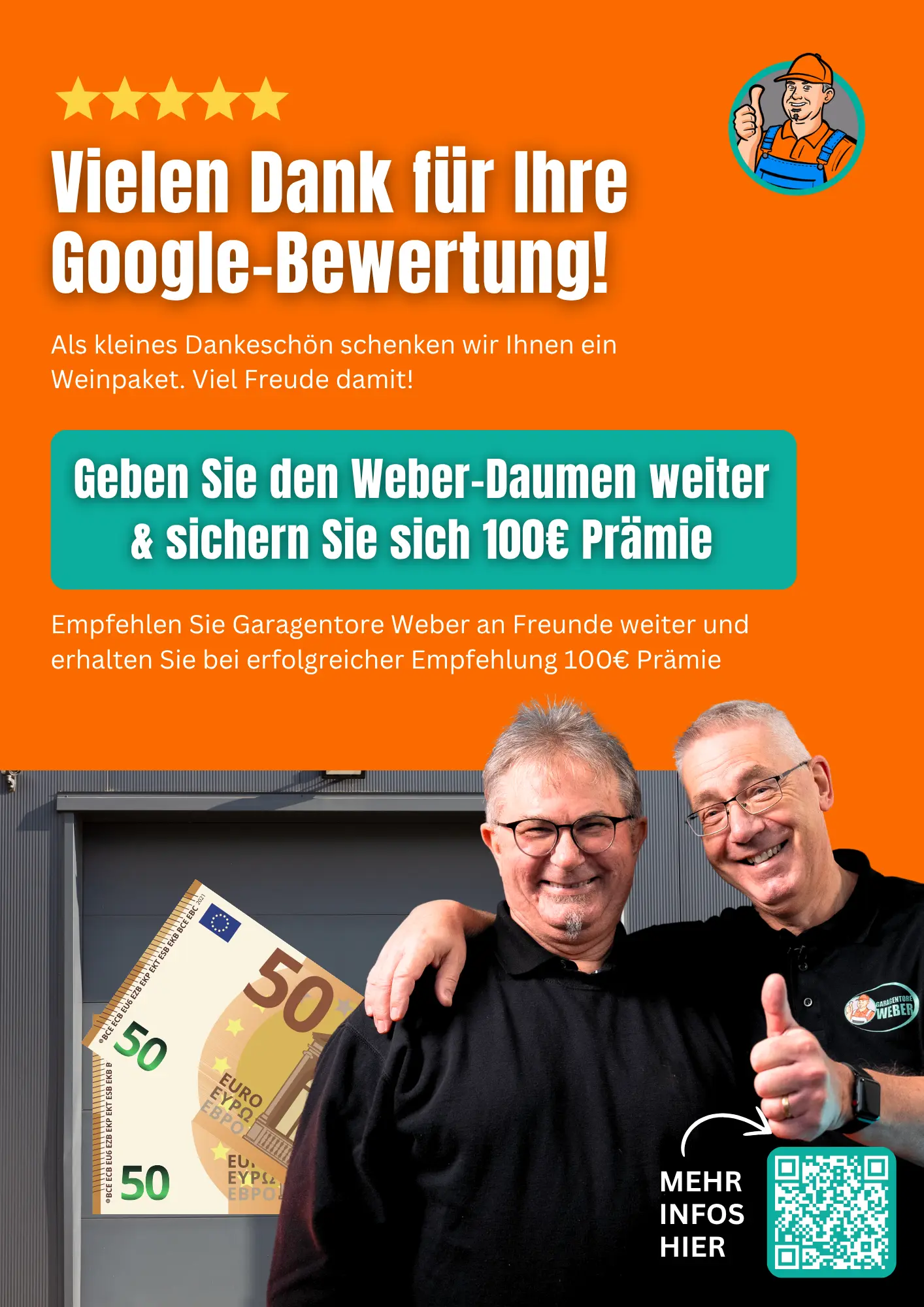 Zwei lächelnde Männer mit hochgereckten Daumen und einem 50-Euro-Schein in der Hand werben für eine Google-Bewertungsprämie auf Deutsch.