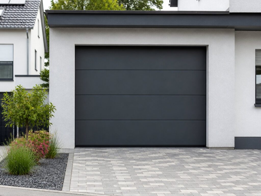 Garagentor Anthrazit RAL 7016 mit glatter Planar-Oberfläche an einem modernen deutschen Haus